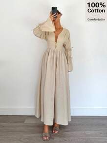Siren Gaze 100% 纯棉新款秋季 V 领缺口褶皱系带超长喇叭袖飘逸 A 字型棉质连衣裙，舒适宽松休闲适合秋冬米色连衣裙女长袖超长连衣裙女休闲连衣裙长款休闲连衣裙棕褐色连衣裙女度假连衣裙长袖婚礼宾客连衣裙女 - 杏色 - 查看 9