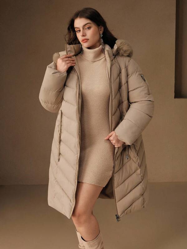 Anewsta Damen Mantel in Große Größen mit Kapuze, abnehmbarem Fellkragen, geraffter Taille, langem Reißverschluss und Polsterung für den Winter