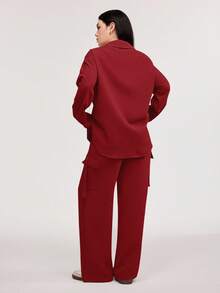Veilorie Women's Casual Two-Piece Outfit: Woven Fabric Long Sleeve Collared Shirt And Cargo Pocket Long Pants Set In Red - Red - View 3