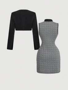 SHEIN MOD 优雅休闲通勤套装连衣裙和夹克，秋季两件套，秋季女式夹克，商务休闲女装，正式礼服，性感办公室女式两件套，老式教师装 - 黑與白 - 查看 11