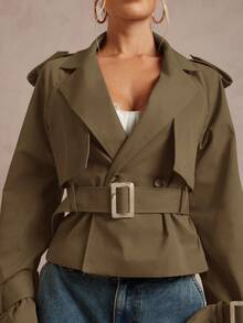 Lumalex Fashionable Casual Short Pleated Women Trench Coat,Fall - Army Green - View 7