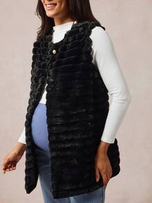 Boho Mama Maternity Solid Color Single-Breasted Faux Fur Sleeveless Regular Jacket, Autumn/Winter Vintage Boho Country