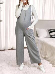 SHEIN Maternity Solid Color Versatile Knit Scoop Neck Sleeveless Jumpsuit - Grey - View 5