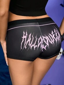 NotGurli Y2K schwarze Halloween Grafik Kontrast Farbe Buchstaben Dekor rückenfrei tragbare Party Musik Festival Club Damen Panty-Shorts