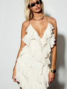 KIZN 优雅的深 V 领不对称荷叶边长裙婚礼宾客派对特殊场合不对称高开叉晚礼服金属凉鞋 - 白色 - 查看 4