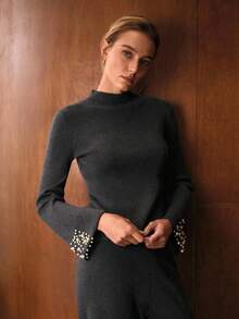 MOTF PREMIUM 2 PIEZAS CONJUNTO ELEGANTE DE PUNTO: SUÉTER AJUSTADO CON DECORACIÓN DE PUÑO DE PERLAS FALSAS, PANTALONES DE PUNTO DE PIERNA ANCHA, OTOÑO/INVIERNO - Gris - Ver 5