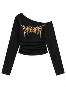 Shutterstock Y2Kool 女士哥特字母印花万圣节不对称肩部上衣冬季时尚服装系列新年装扮棉质 - 黑色 - 查看 4