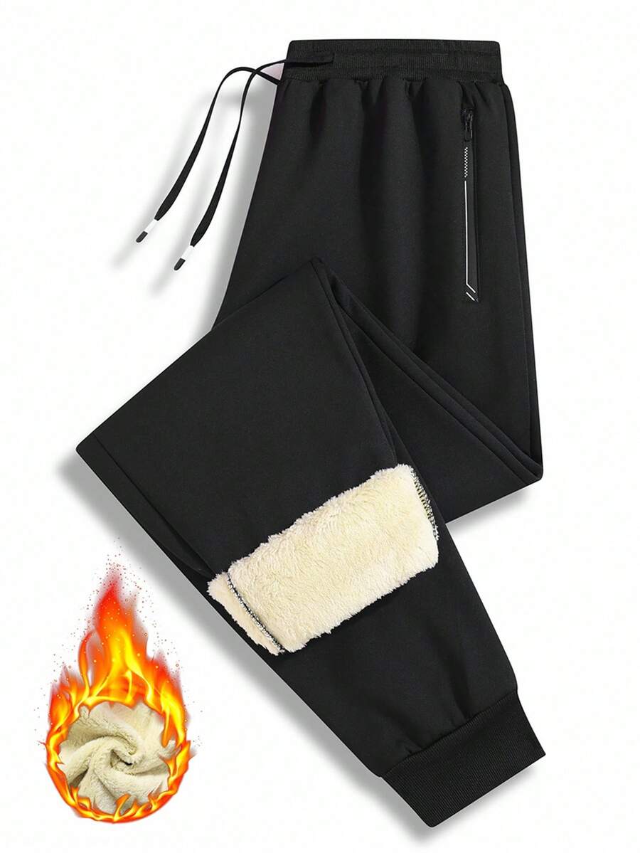 Manfinity Homme 男士拉链口袋抽绳腰宽松抓绒休闲保暖运动裤，秋冬款 - 黑色 - 查看 1