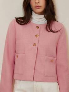 Aveloria Rosie 女士优雅通勤夹克，采用奢华面料和金属不对称扣装饰，秋季