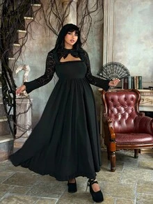 Flirla Plus Size Halloween Dark Contrast Lace-Up Dress - Black - View 4
