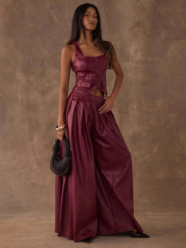 SHEIN BAE 女士纯色褶皱阔腿裤，适合通勤