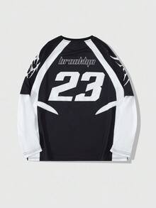 ROMWE MEN Prep Men's Street American Sports Patchwork 2 In 1 English Graphic Print Long Sleeve T-Shirt Jersey, Spring/Autumn, For Fall - Black - View 2