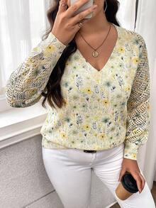 EMERY ROSE Damen Pullover in Große Größen mit Blumenmuster, V-Ausschnitt, Hohlmuster, locker gestrickt, Langarm, Lässig Resort Stil, Herbst - Verschiedenfarbig - Übersicht 4