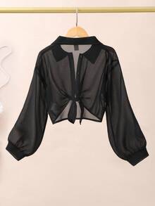 Girls' Solid Color Casual Lightweight Long Sleeve Shirt Fall Winter - Black - View 2
