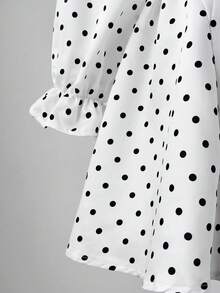Sweetra A-Linie Taille Raffung Mini Kleid, Polka Dot Satin glänzend elegantes Herzausschnitt Langarm, Slim Fit, Lässig Chic Kurzkleid in Große Größen - Aprikosenfarben - Übersicht 3