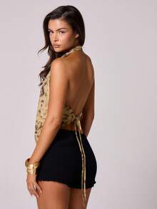 MUSERA 垂褶露背吊带深V领动物纹上衣，适合生日、夏季假期、节日、性感夜店、演出后外出、派对等场合，春季穿着。 - 棕色 - 查看 4