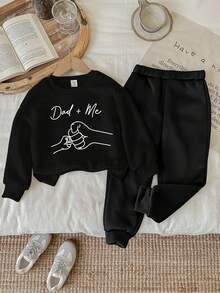 SHEIN Baby Boy Knitted Soft Classic Family Slogan, Dad+Me Fist Bump Print Crew Neck Casual Sweatshirt And Sweatpants Set, Thick For Autumn/Winter Fall - Black - View 3