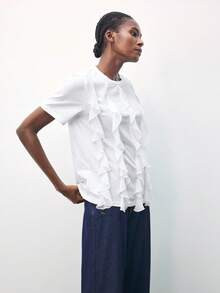 Maija Women's Solid Color Ruffle Collar Casual Versatile Short Sleeve T-Shirt Going Out Tops For Women Casual Blouses For Ladies White Top - White - View 5