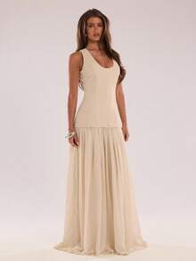 SHEIN BAE Autumn Women's Fashionable Casual Sleeveless Maxi Dress, Elegant Maxi Dress, Elegant Party Dress, Pleated Maxi Dress