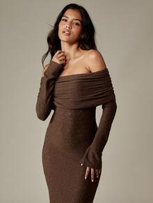 MISSGUIDED Off Shoulder Ruched Bodycon Evening Gown Long Sleeve Textured Knit Form Fitting Floor Length Special Occasion Winter Fall Dress - Brown - View 3