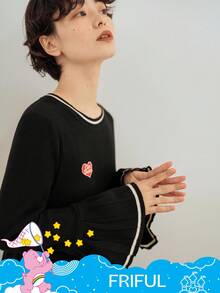 FRIFUL SHEIN X Care Bears Váy len dáng chữ A ôm sát cổ tròn thêu chữ và họa tiết trái tim tương phản dành cho nữ - màu đen - Xem 11