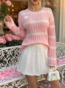 SHEIN Raffinéa Pink Ribbed Cute Heart Decor Women Knitted Pullover Sweater Fall Winter Cloth For Women - Pink - View 1