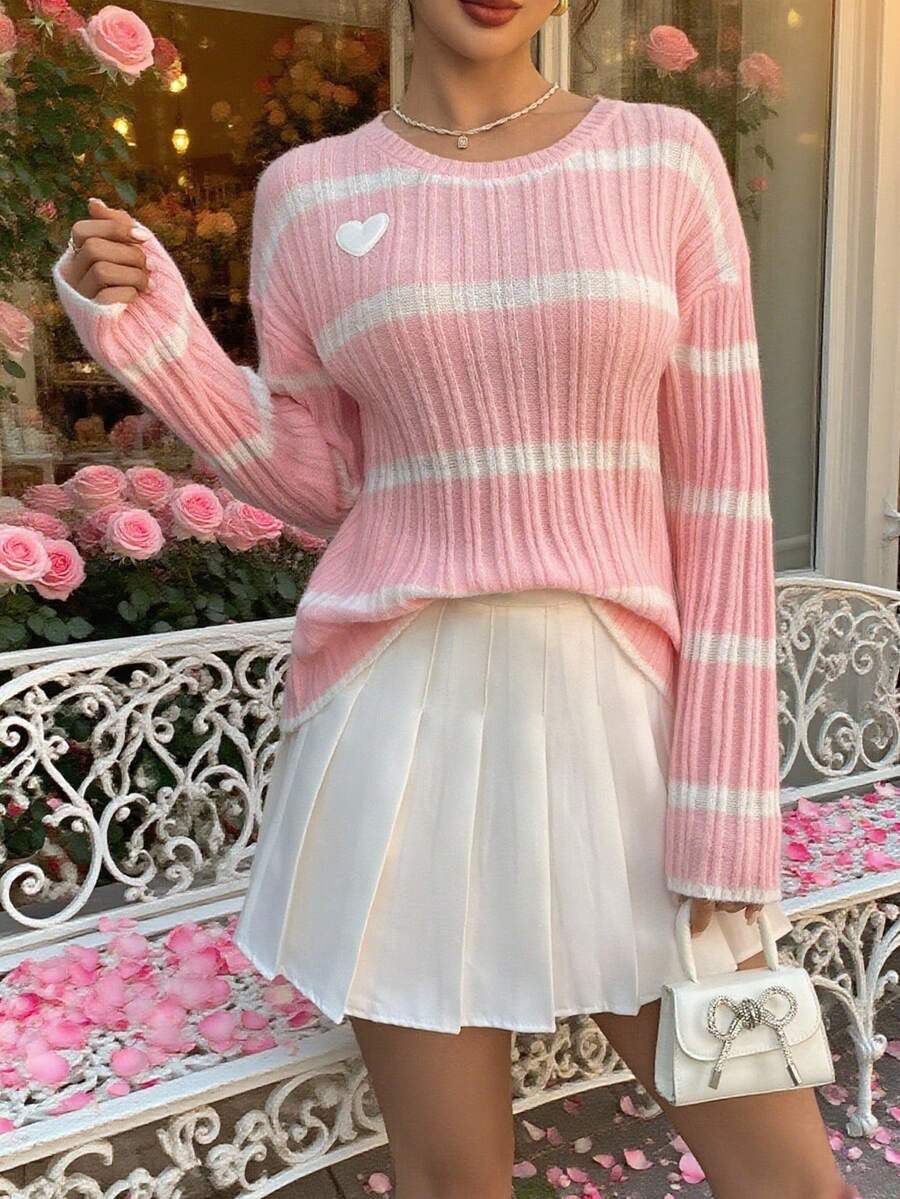 SHEIN Raffinéa Pink Ribbed Cute Heart Decor Women Knitted Pullover Sweater Fall Winter Cloth For Women - Pink - View 1