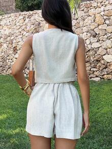 Ronhire 2pcs Women V-Neck Sleeveless Button Blouse And Loose Casual Shorts Set  Two-Piece V-Neck Vest Suit - Apricot - View 2