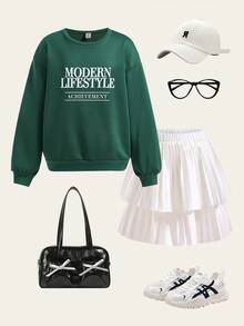 SHEIN 2pcs/Set Girls Sweatshirt & Pleated Skirt Suit, Retro American Style Sweatshirt & Cake Skirt Set, Back To School Outfit, Tween Girl Collegiate Sportswear Fall Winter - Green - View 2