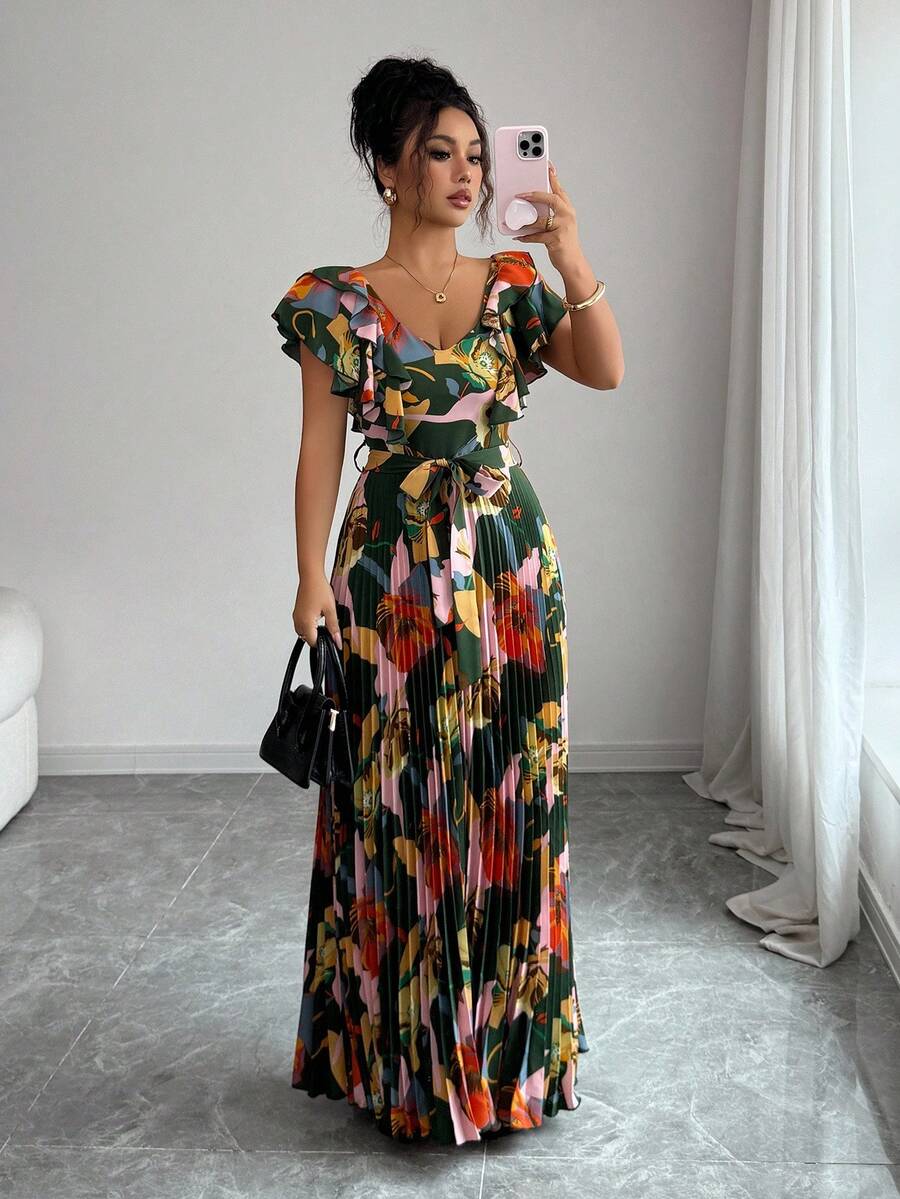 Elenzga Vestido elegante y romántico para mujer con cuello en V, estampado digital, volantes en la cintura y corte evasé, estilo vacacional - Multicolor - Ver 1