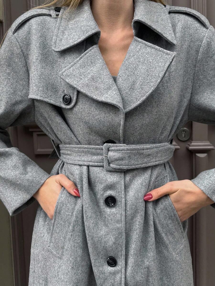 MOTF PREMIUM ÁO KHOÁC CỔ VAI LEN CÓ THẮT LƯNG - Xám - Xem 2