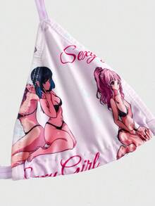 ROMWE Anime 动漫风软杯系带文胸内裤两件套（女士款） - 彩色 - 查看 3