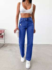 EURMUSE 100%Cotton Ripped Straight Leg Jeans - Dark Wash - View 4