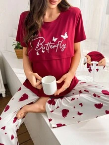 Moonlight&Mama 2件套孕妇休闲字母蝴蝶印花哺乳短袖上衣和裤子睡衣套装 - 紅色 - 查看 3