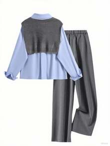 INAWLY 女士时尚休闲浪漫长袖衬衫和裤子两件套 - 藍色 - 查看 2