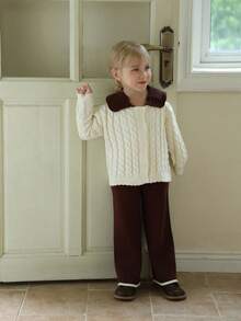 SHEIN Young Girls'2025 Apricot-Caramel Cable-Knit Co-Ords,Autumn,School Girl,Back-To-School Elegant Big Collar Long-Sleeve Cardigan & Pants Set,Slouchy-Chic - Apricot - View 5