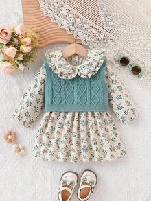 SHEIN Vintaside Kids 婴儿和女孩时尚可爱百搭真品两件套毛衣套装、针织套头背心和编织彼得潘领连衣裙，可作为外套 - 綠色 - 查看 1