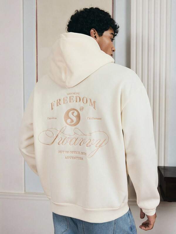 SWAVVY Men's Standard Size Casual Hoodie, Long Sleeve, Embroidered Front & Back, Apricot Color, Spring/Autumn, For Fall Winter