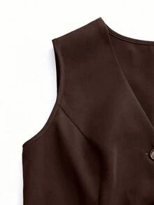 GlowEve 女式纯色V领单排扣休闲西装背心 - 棕色 - 查看 5