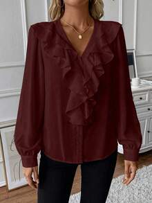 SHEIN LUNE Ruffle Trim Lantern Sleeve Blouse Women Shirt - Burgundy - View 4