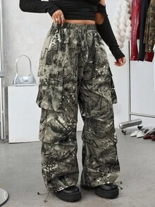 SHEIN EZwear 复古花卉印花松紧腰褶皱宽松休闲工装裤，大码，秋冬 - 彩色 - 查看 3