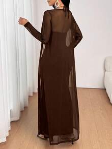 SHEIN Lady 2025 New All Seasons Brown Suit Long Sleeve Robe & V-Neck Dress Elegant 2 Pieces Set Fall Clothes For Women Party Dress  Chic Women's Set Halloween Christmas Women's Clothing Going Out Outfit - Mocha Brown - View 2