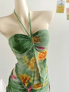 Soleia Bộ 2 món áo lưới in họa tiết không tay không dây và chân váy xếp ly thanh lịch cho kỳ nghỉ xuân/hè - Nhiều màu - Xem 6