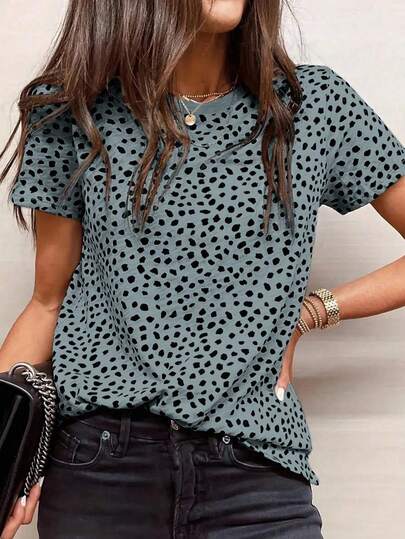 EMERY ROSE Plus Size Women's Summer Short Sleeve Casual Polka Dot Print Round Neck T-Shirt