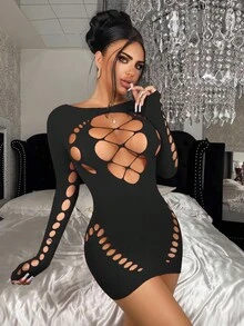 SHEIN 1 件女士性感紫红色紧身半透明渔网连衣裙，适合派对、夜总会、海滩 - 黑色 - 查看 3