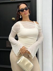 NegzBox Top pour femmes à manches longues en mesh épaules dénudées et manches trompette 2 en 1, couleur abricot, style western, vintage, des années 70, le bachelorette