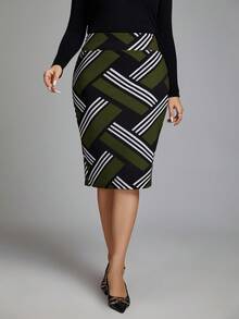 Chikora Plus Size Geometric Striped High Waist Bodycon Skirt - Army Green - View 3