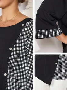 Momelise 大码女式不对称下摆撞色休闲衬衫，户外乡村风衬衫上衣，复古休闲春夏度假风，清爽格纹，秋季必备 - 彩色 - 查看 7