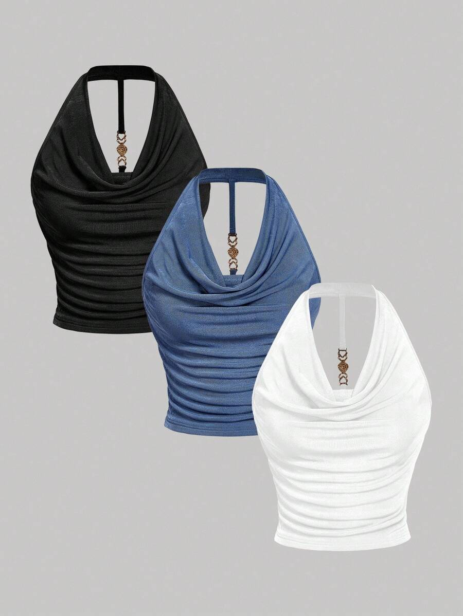 SHEIN MOD 3件套女士性感纯色垂褶领露背吊带上衣，夏季优雅上衣，万圣节女士装，节日女士装 - 彩色 - 查看 1