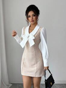 Elenzga Contrast Color Fabric Patchwork Bow Decor 2 In 1 Elegant Romantic Women Dress Fall Cloth For Women - Multicolor - View 5